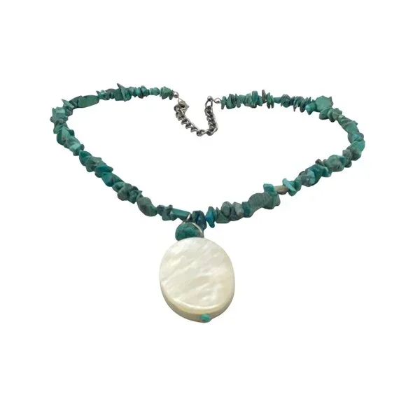 Turquoise Chip Necklace Mother Of Pearl Shell Pendant Boho Southwestern - Picture 3 of 12